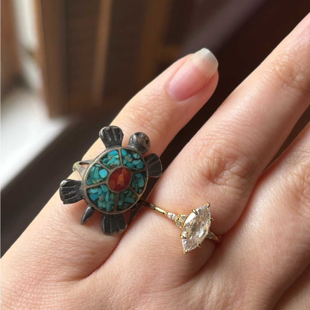 Turtle Design Silver and Turquoise Ring Navajo